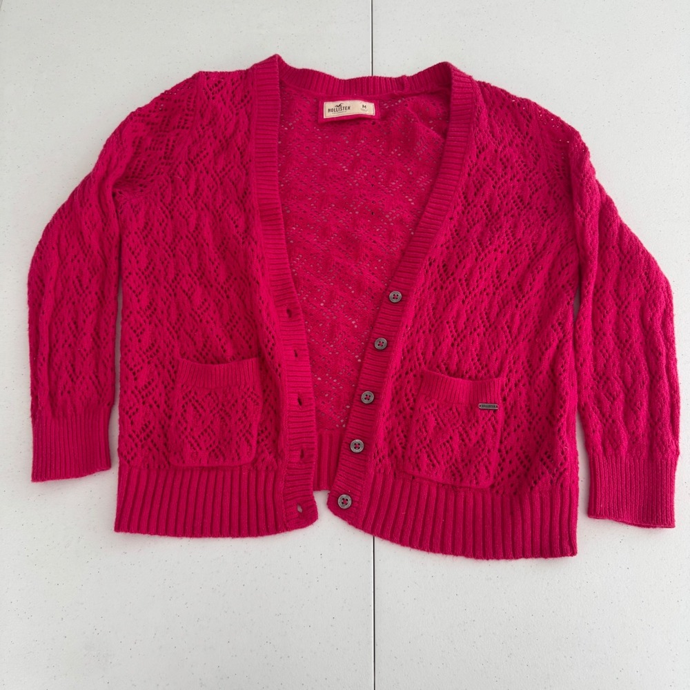 Y2K Hollister Crochet Knit Cardigan Medium Hot Pink Rabbit Hair Blend Sweater